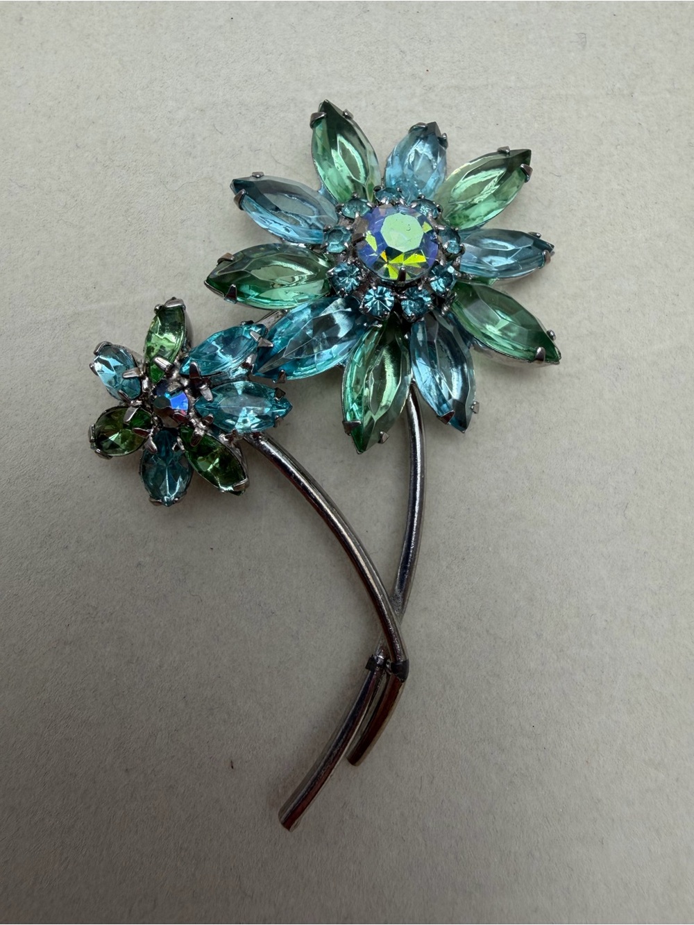 Vintage Blue & Green Floral Crystal Brooch - Women Jewelry